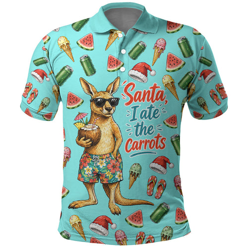 Aussie Christmas Santa Polo Shirt Retro Cartoon Summer Holiday Beach - I Ate The Carrots Kangaroo