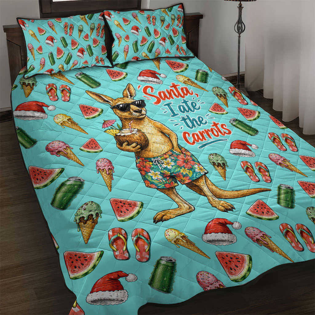 Aussie Christmas Santa Quilt Bed Set Retro Cartoon Summer Holiday Beach - I Ate The Carrots Kangaroo