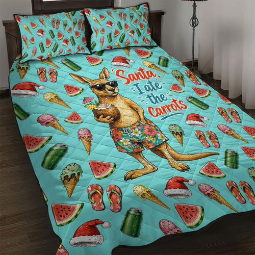 Aussie Christmas Santa Quilt Bed Set Retro Cartoon Summer Holiday Beach - I Ate The Carrots Kangaroo