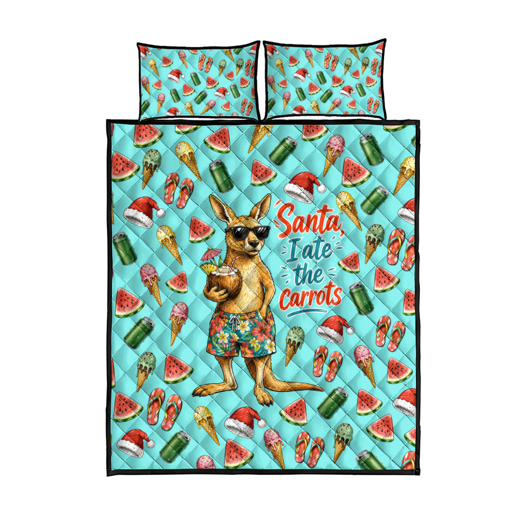 Aussie Christmas Santa Quilt Bed Set Retro Cartoon Summer Holiday Beach - I Ate The Carrots Kangaroo