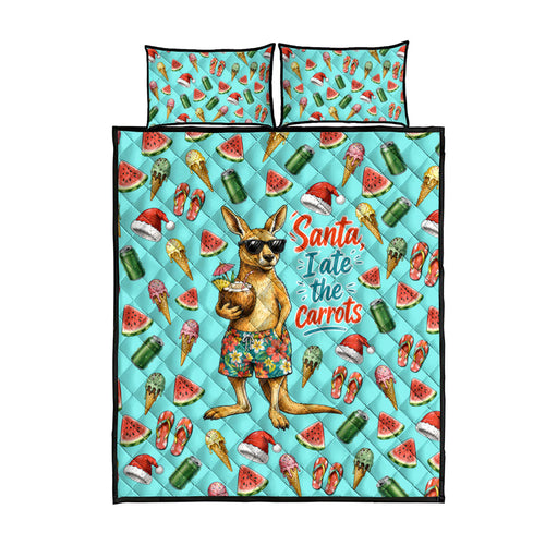 Aussie Christmas Santa Quilt Bed Set Retro Cartoon Summer Holiday Beach - I Ate The Carrots Kangaroo