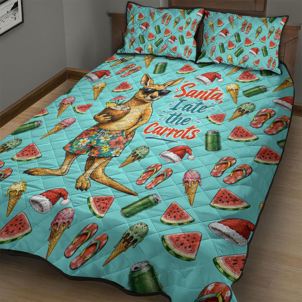 Aussie Christmas Santa Quilt Bed Set Retro Cartoon Summer Holiday Beach - I Ate The Carrots Kangaroo