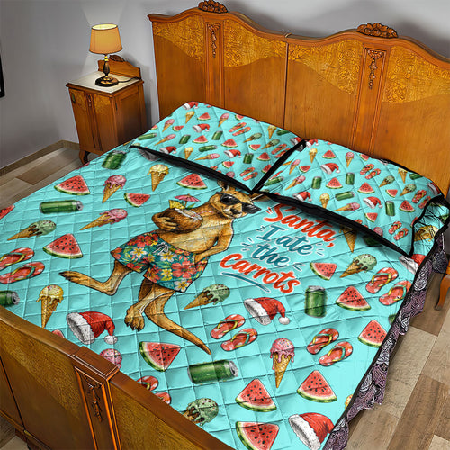 Aussie Christmas Santa Quilt Bed Set Retro Cartoon Summer Holiday Beach - I Ate The Carrots Kangaroo