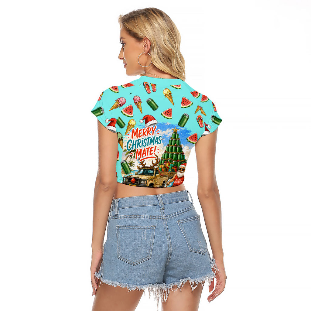 Aussie Christmas Santa Raglan Cropped T Shirt Retro Cartoon Summer Holiday Beach - I Ate The Carrots Kangaroo