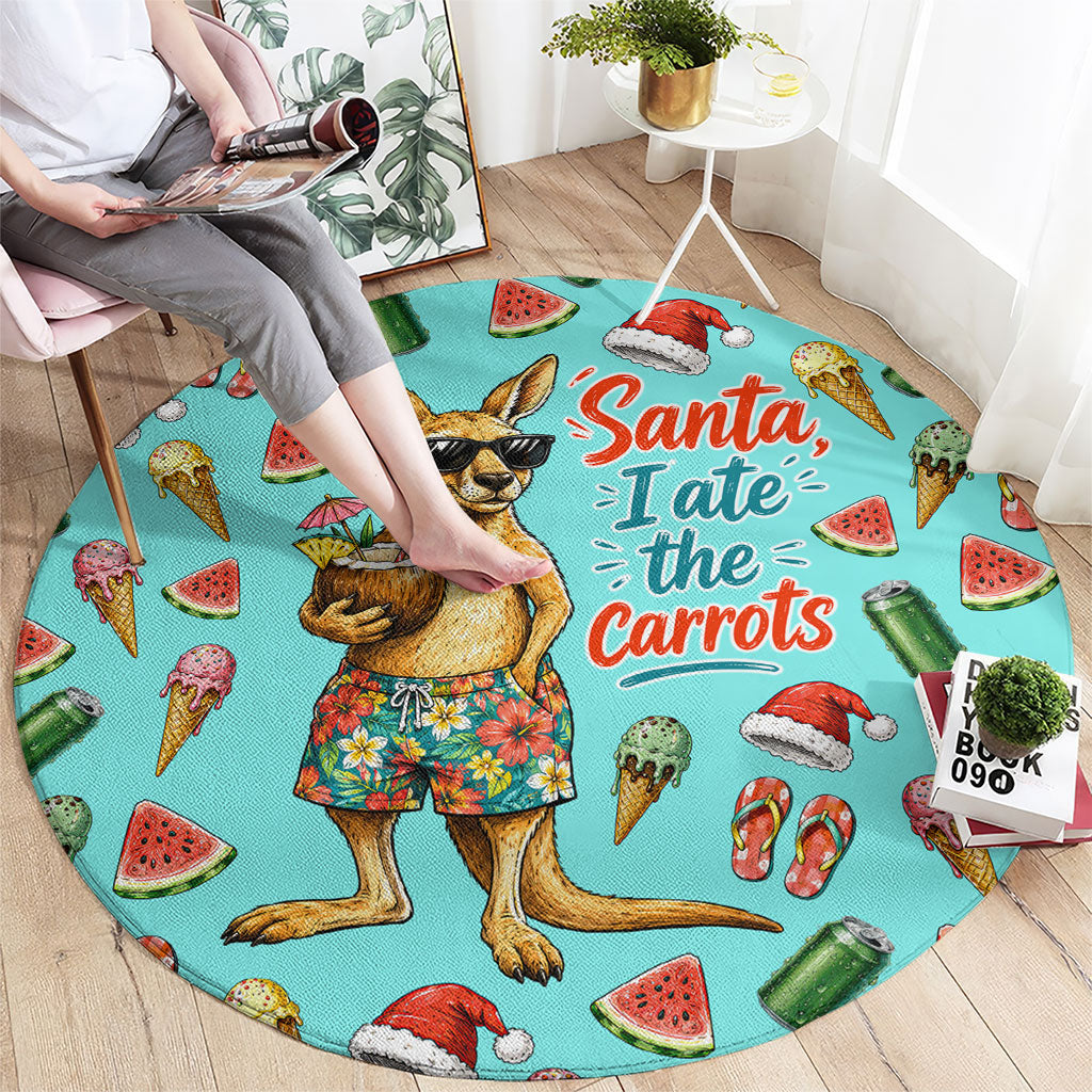 Aussie Christmas Santa Round Carpet Retro Cartoon Summer Holiday Beach - I Ate The Carrots Kangaroo
