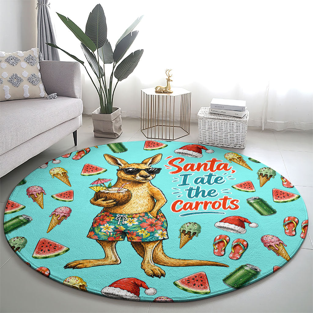 Aussie Christmas Santa Round Carpet Retro Cartoon Summer Holiday Beach - I Ate The Carrots Kangaroo