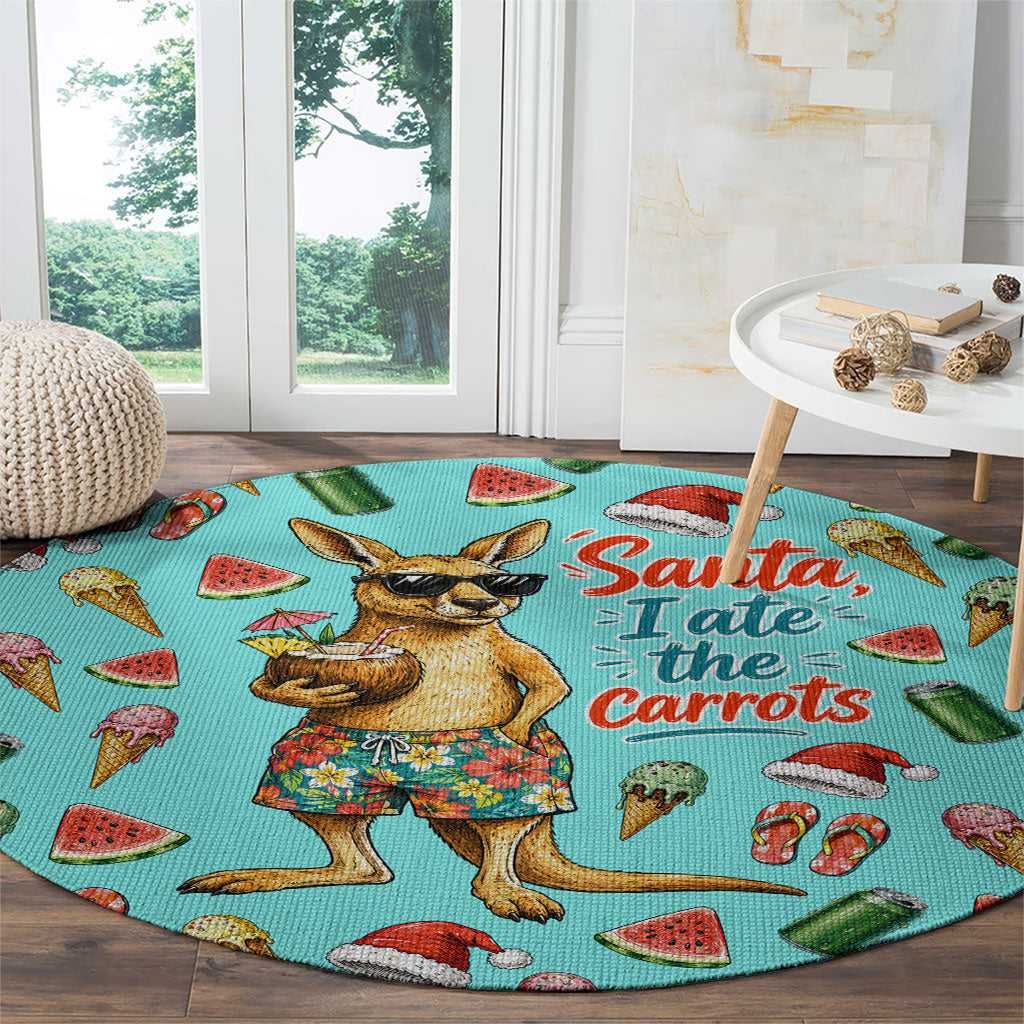 Aussie Christmas Santa Round Carpet Retro Cartoon Summer Holiday Beach - I Ate The Carrots Kangaroo