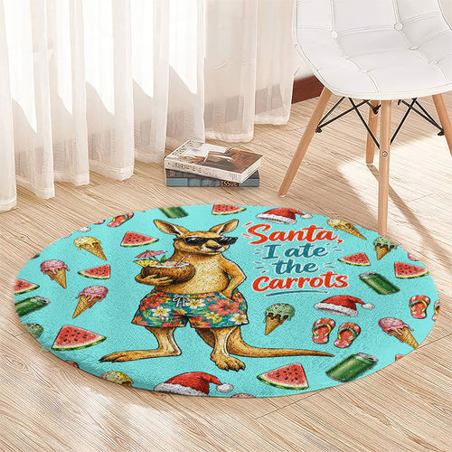 Aussie Christmas Santa Round Carpet Retro Cartoon Summer Holiday Beach - I Ate The Carrots Kangaroo