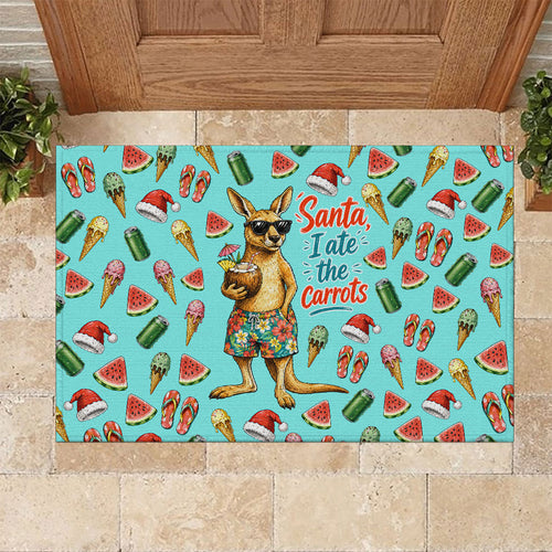 Aussie Christmas Santa Rubber Doormat Retro Cartoon Summer Holiday Beach - I Ate The Carrots Kangaroo