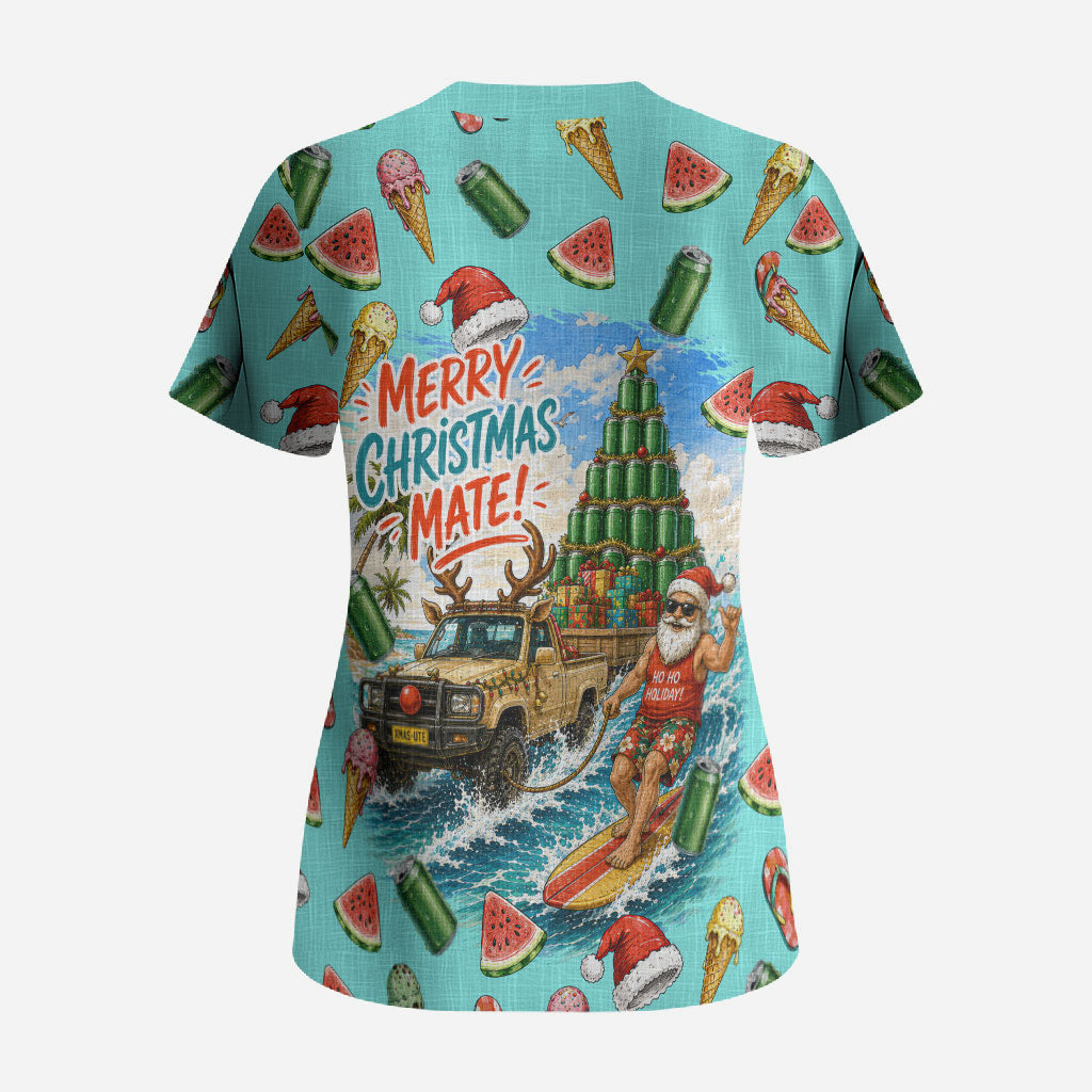 Aussie Christmas Santa Scrub Top Retro Cartoon Summer Holiday Beach - I Ate The Carrots Kangaroo