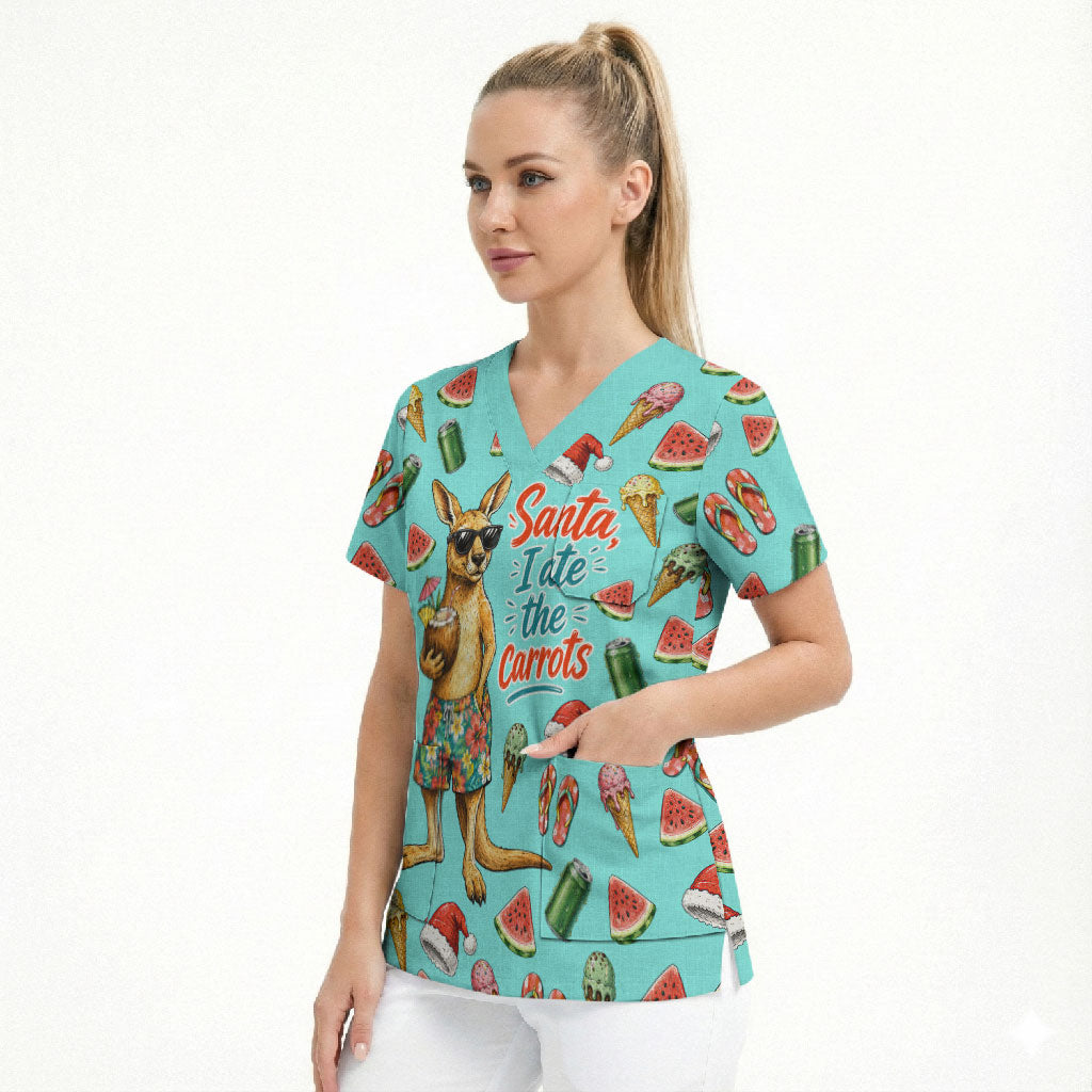 Aussie Christmas Santa Scrub Top Retro Cartoon Summer Holiday Beach - I Ate The Carrots Kangaroo