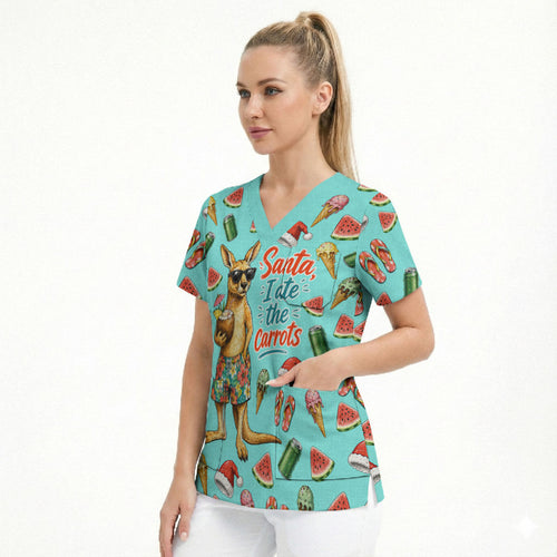 Aussie Christmas Santa Scrub Top Retro Cartoon Summer Holiday Beach - I Ate The Carrots Kangaroo