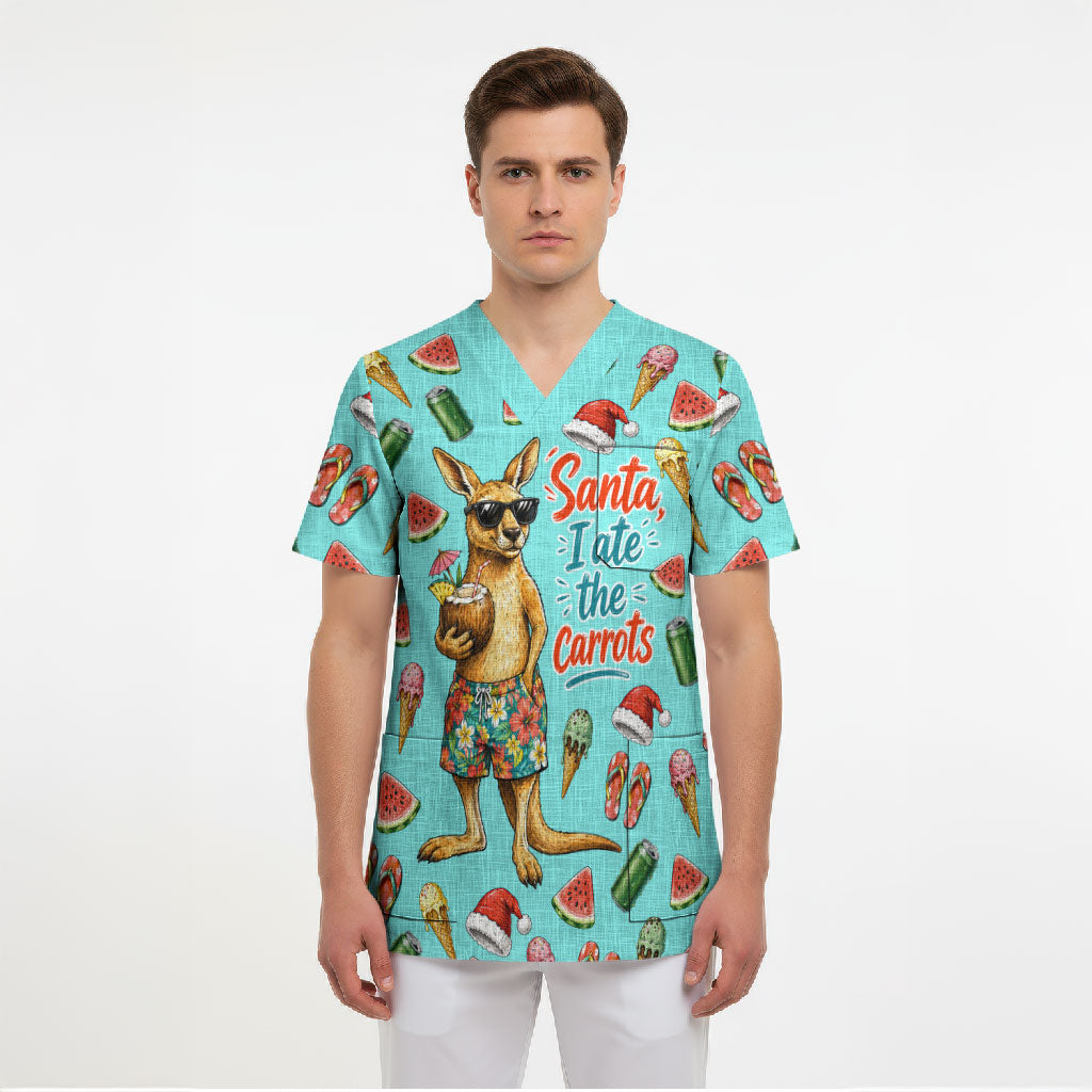 Aussie Christmas Santa Scrub Top Retro Cartoon Summer Holiday Beach - I Ate The Carrots Kangaroo