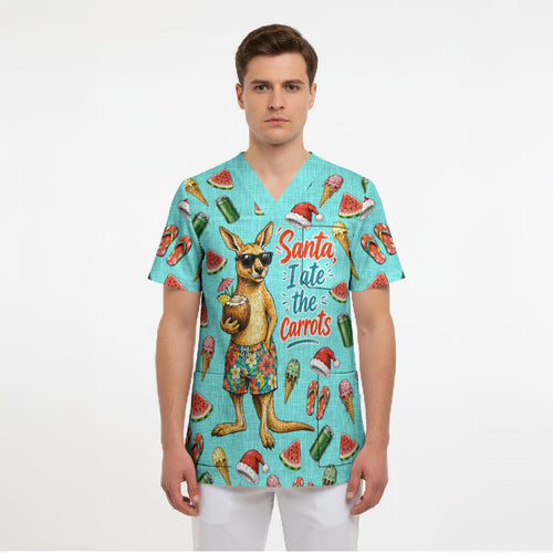 Aussie Christmas Santa Scrub Top Retro Cartoon Summer Holiday Beach - I Ate The Carrots Kangaroo