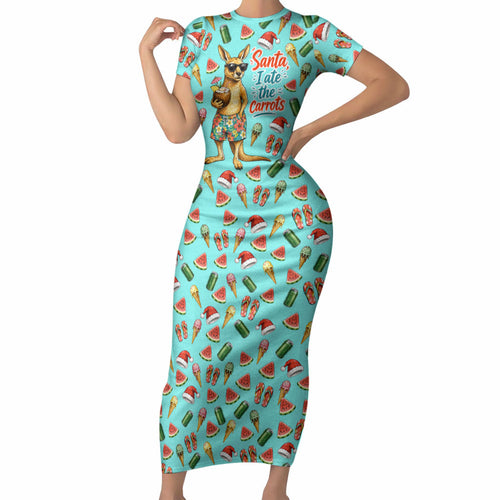 Aussie Christmas Santa Short Sleeve Bodycon Dress Retro Cartoon Summer Holiday Beach - I Ate The Carrots Kangaroo