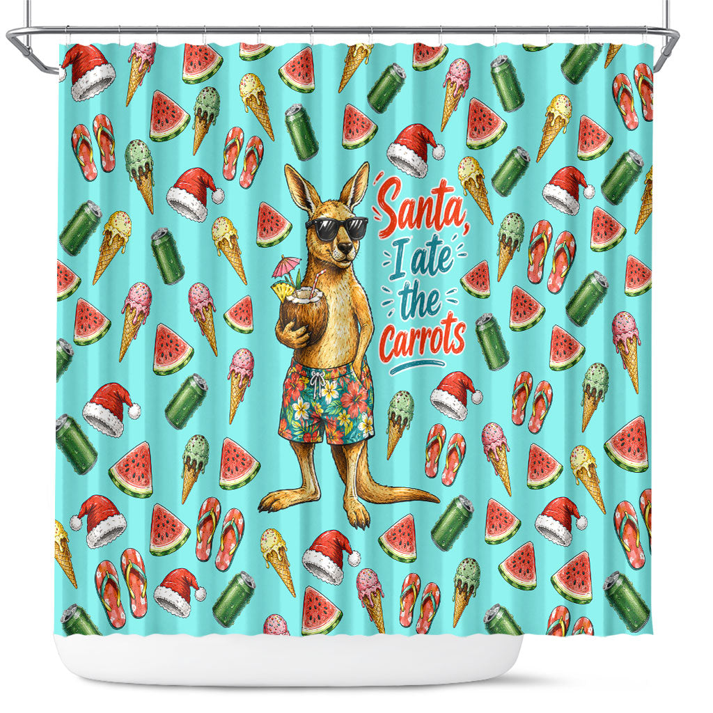 Aussie Christmas Santa Shower Curtain Retro Cartoon Summer Holiday Beach - I Ate The Carrots Kangaroo