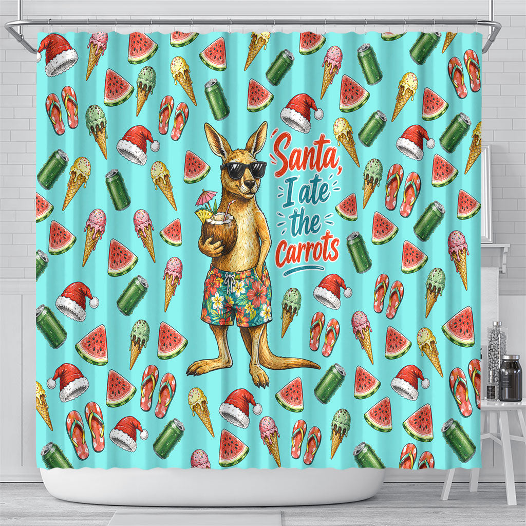 Aussie Christmas Santa Shower Curtain Retro Cartoon Summer Holiday Beach - I Ate The Carrots Kangaroo