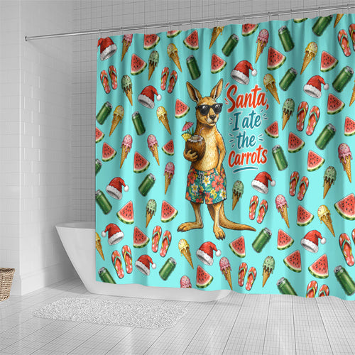 Aussie Christmas Santa Shower Curtain Retro Cartoon Summer Holiday Beach - I Ate The Carrots Kangaroo