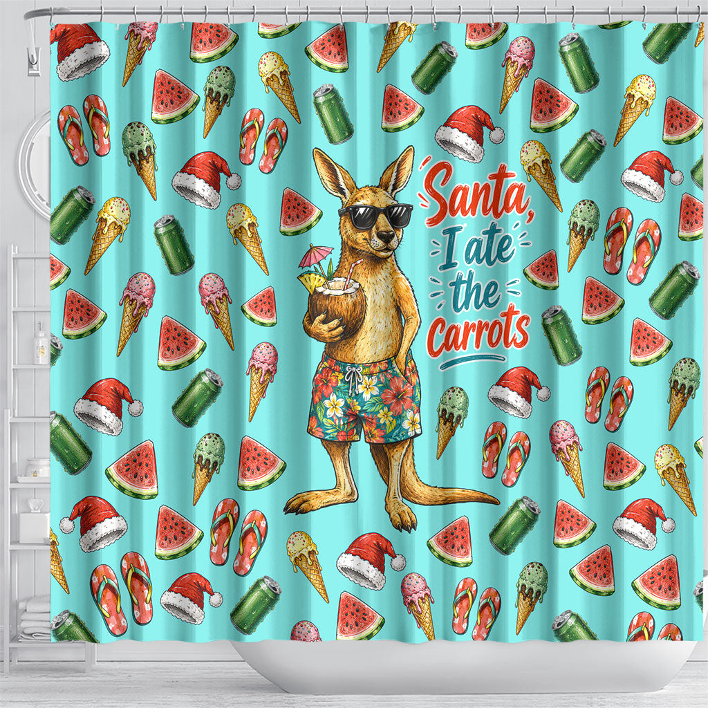 Aussie Christmas Santa Shower Curtain Retro Cartoon Summer Holiday Beach - I Ate The Carrots Kangaroo