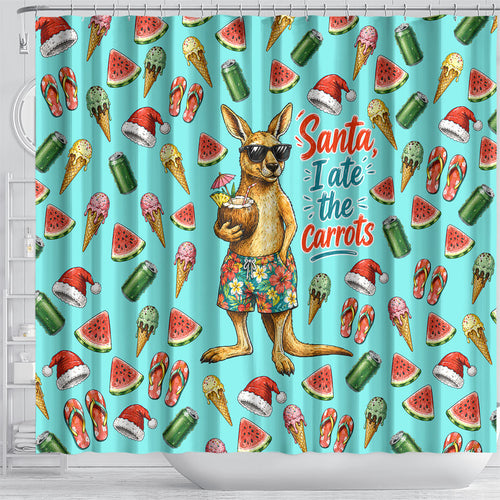 Aussie Christmas Santa Shower Curtain Retro Cartoon Summer Holiday Beach - I Ate The Carrots Kangaroo
