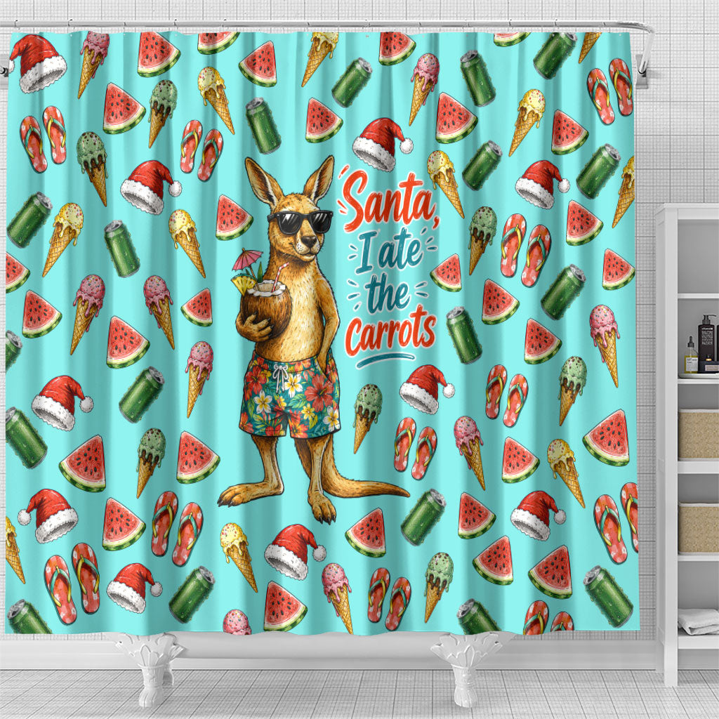 Aussie Christmas Santa Shower Curtain Retro Cartoon Summer Holiday Beach - I Ate The Carrots Kangaroo