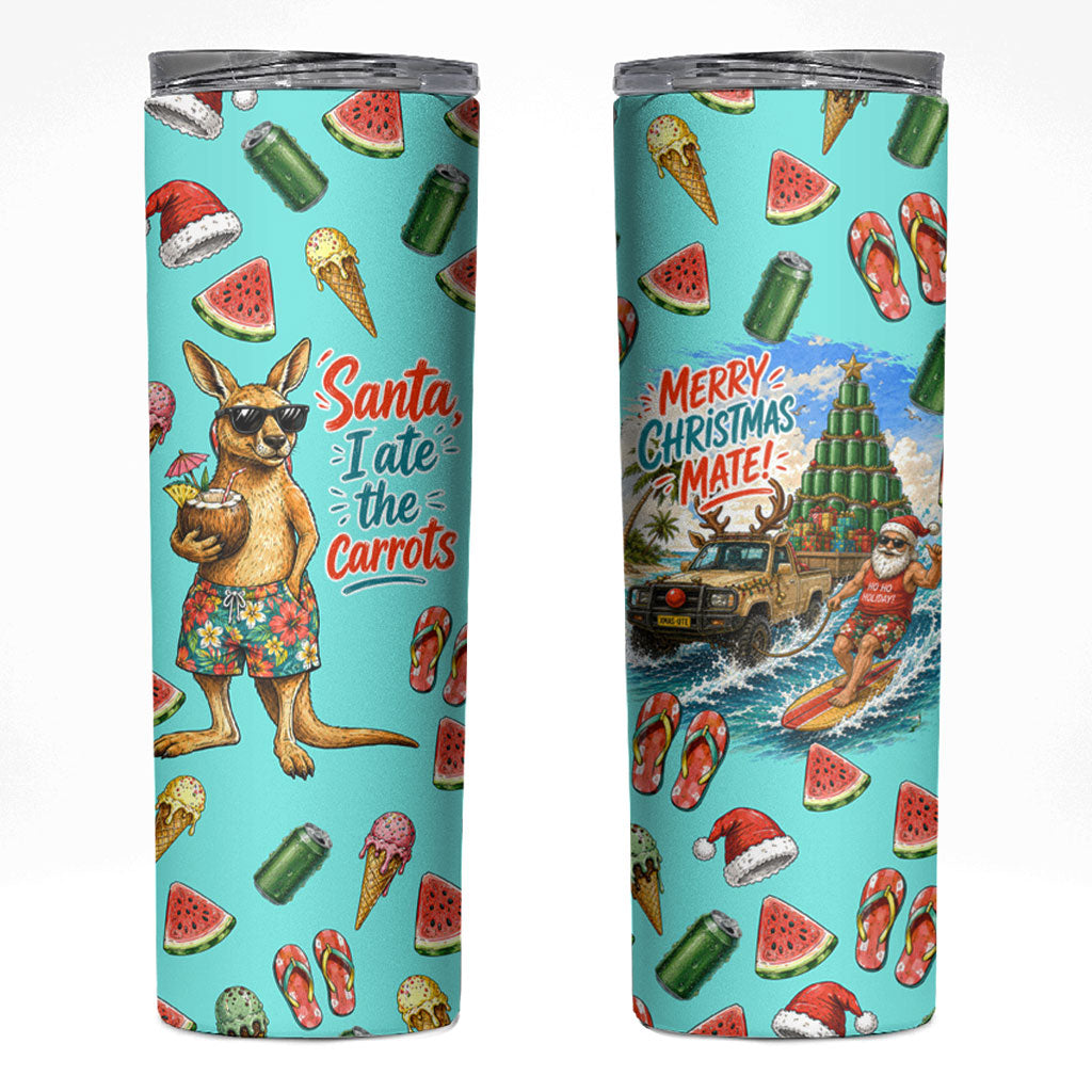 Aussie Christmas Santa Skinny Tumbler Retro Cartoon Summer Holiday Beach - I Ate The Carrots Kangaroo