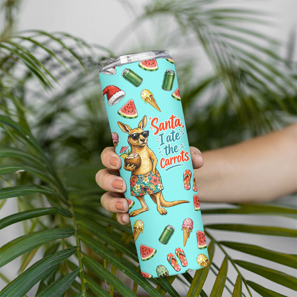 Aussie Christmas Santa Skinny Tumbler Retro Cartoon Summer Holiday Beach - I Ate The Carrots Kangaroo
