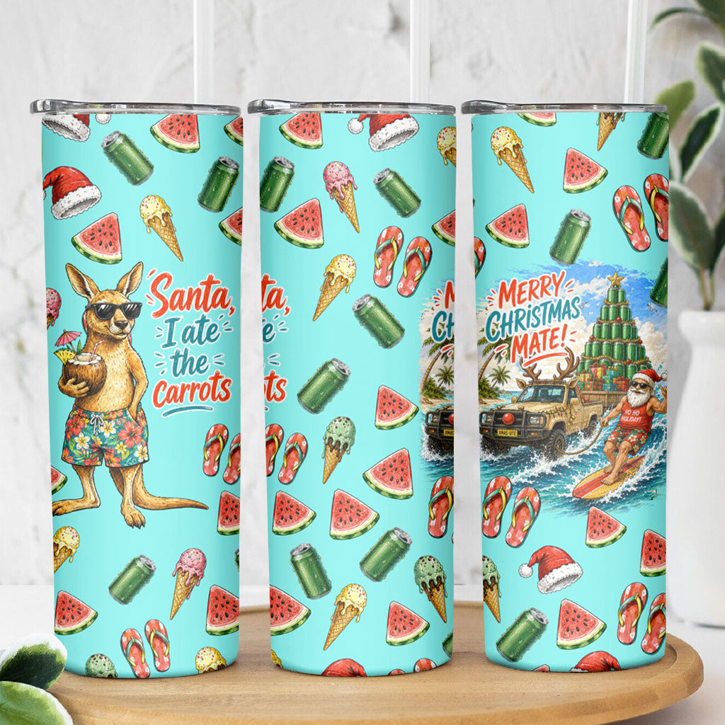 Aussie Christmas Santa Skinny Tumbler Retro Cartoon Summer Holiday Beach - I Ate The Carrots Kangaroo