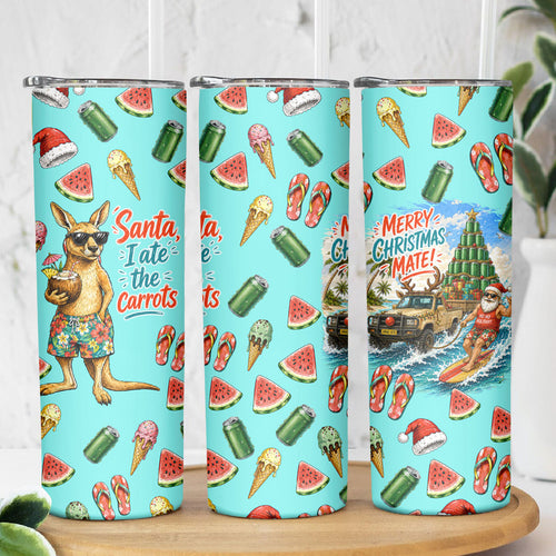 Aussie Christmas Santa Skinny Tumbler Retro Cartoon Summer Holiday Beach - I Ate The Carrots Kangaroo