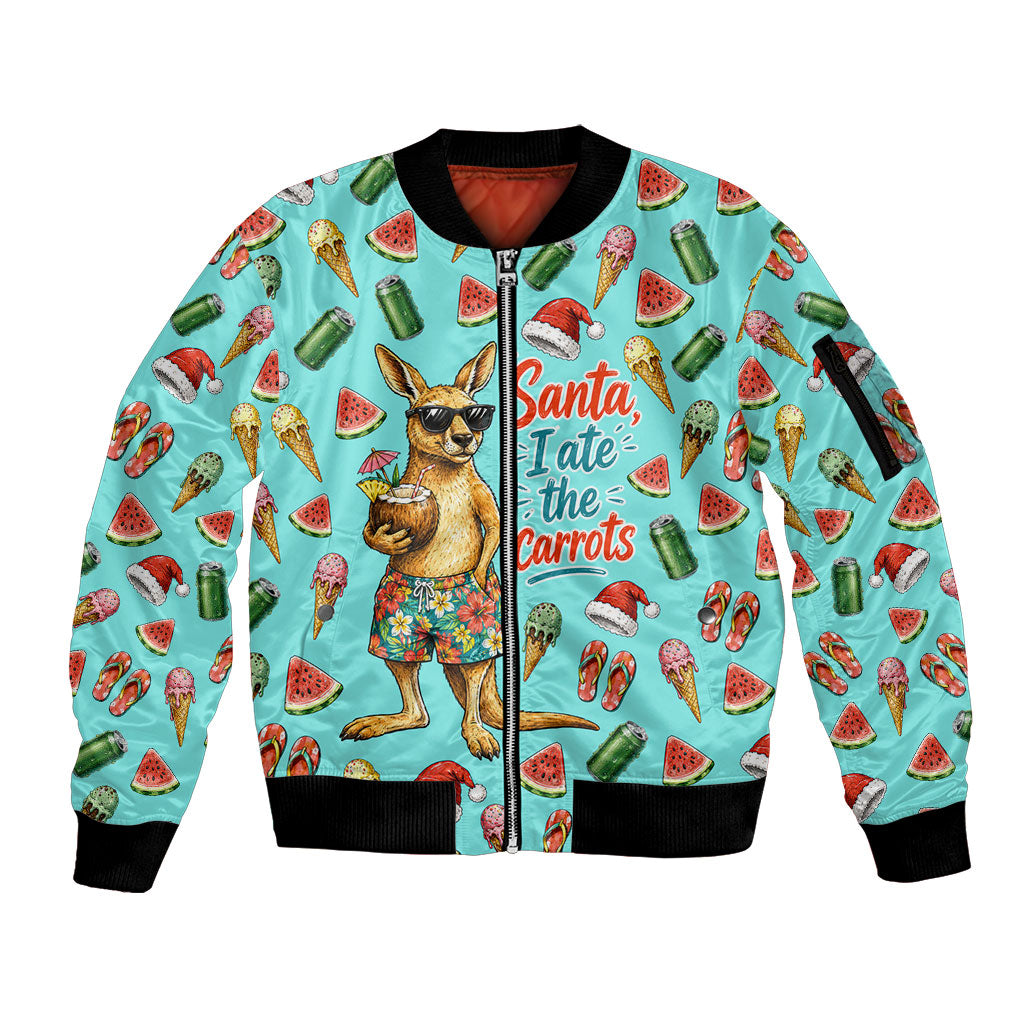 Aussie Christmas Santa Sleeve Zip Bomber Jacket Retro Cartoon Summer Holiday Beach - I Ate The Carrots Kangaroo