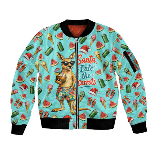 Aussie Christmas Santa Sleeve Zip Bomber Jacket Retro Cartoon Summer Holiday Beach - I Ate The Carrots Kangaroo