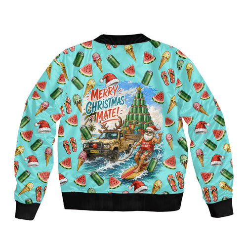 Aussie Christmas Santa Sleeve Zip Bomber Jacket Retro Cartoon Summer Holiday Beach - I Ate The Carrots Kangaroo