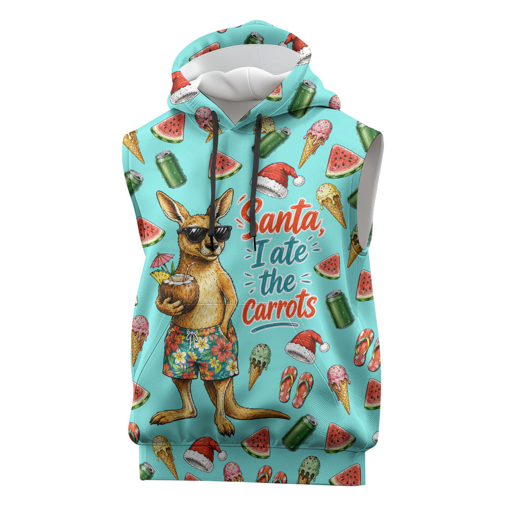 Aussie Christmas Santa Sleeveless Hoodie Retro Cartoon Summer Holiday Beach - I Ate The Carrots Kangaroo