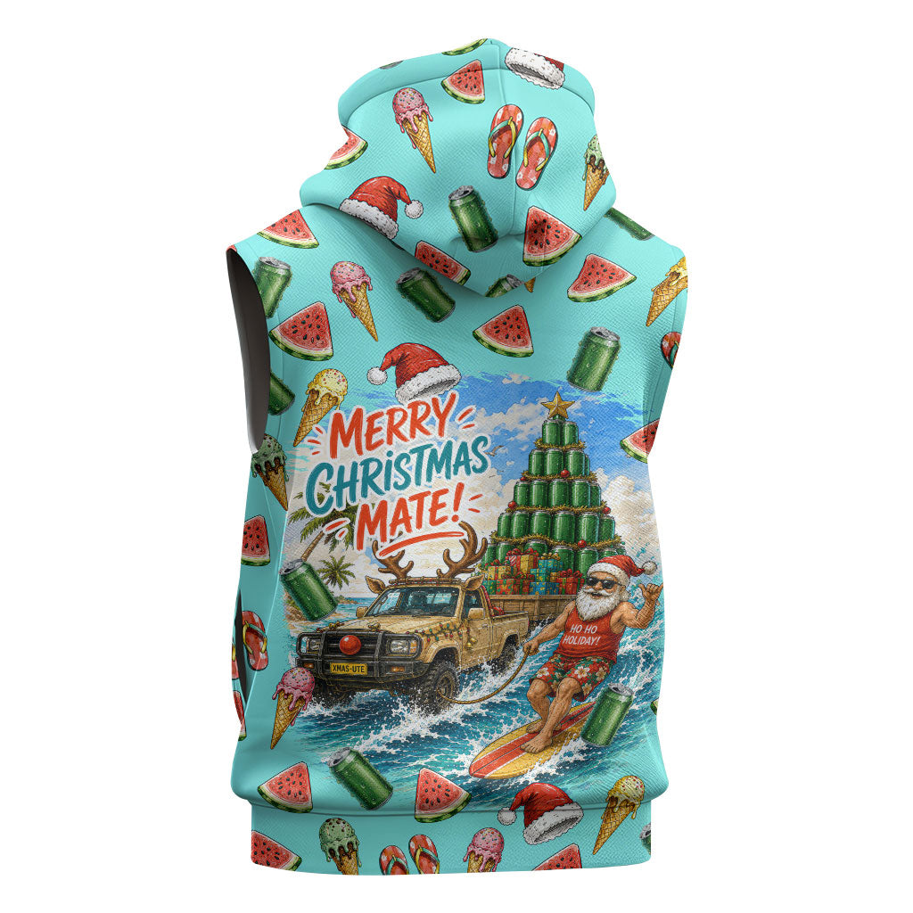 Aussie Christmas Santa Sleeveless Hoodie Retro Cartoon Summer Holiday Beach - I Ate The Carrots Kangaroo