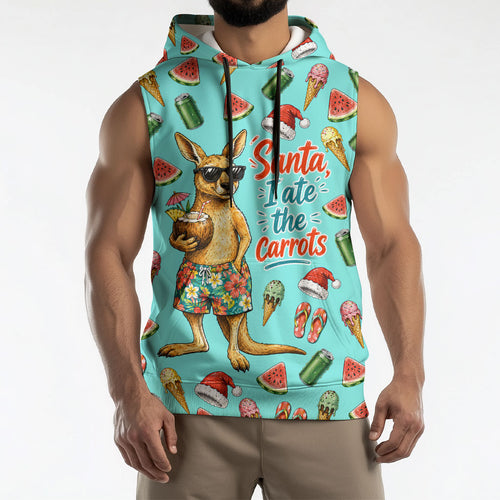 Aussie Christmas Santa Sleeveless Hoodie Retro Cartoon Summer Holiday Beach - I Ate The Carrots Kangaroo