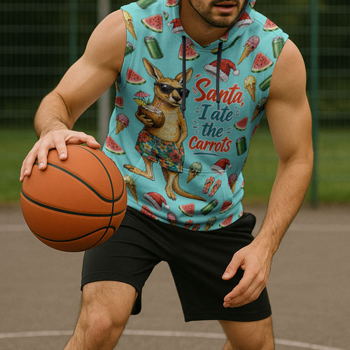 Aussie Christmas Santa Sleeveless Hoodie Retro Cartoon Summer Holiday Beach - I Ate The Carrots Kangaroo