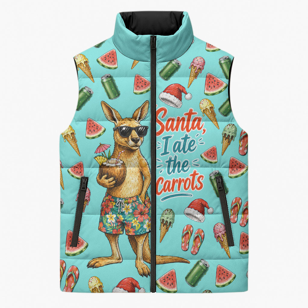 Aussie Christmas Santa Sleeveless Puffer Jacket Retro Cartoon Summer Holiday Beach - I Ate The Carrots Kangaroo