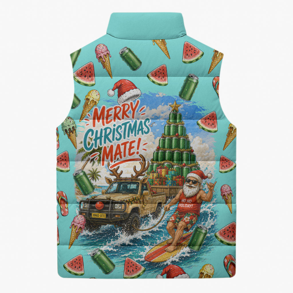 Aussie Christmas Santa Sleeveless Puffer Jacket Retro Cartoon Summer Holiday Beach - I Ate The Carrots Kangaroo