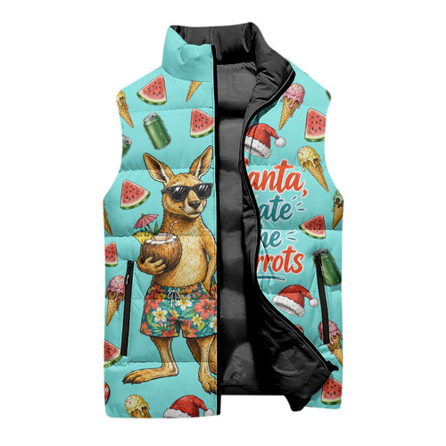 Aussie Christmas Santa Sleeveless Puffer Jacket Retro Cartoon Summer Holiday Beach - I Ate The Carrots Kangaroo