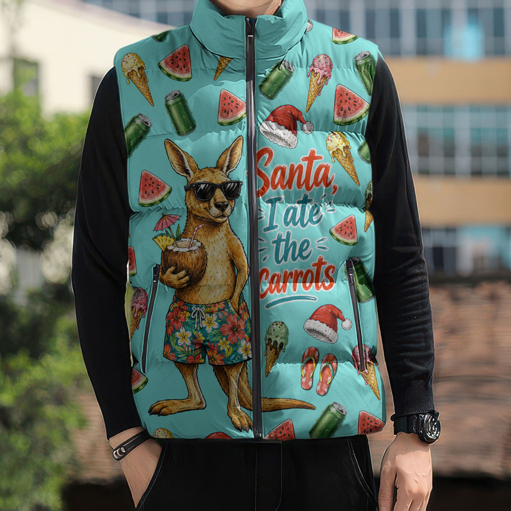 Aussie Christmas Santa Sleeveless Puffer Jacket Retro Cartoon Summer Holiday Beach - I Ate The Carrots Kangaroo