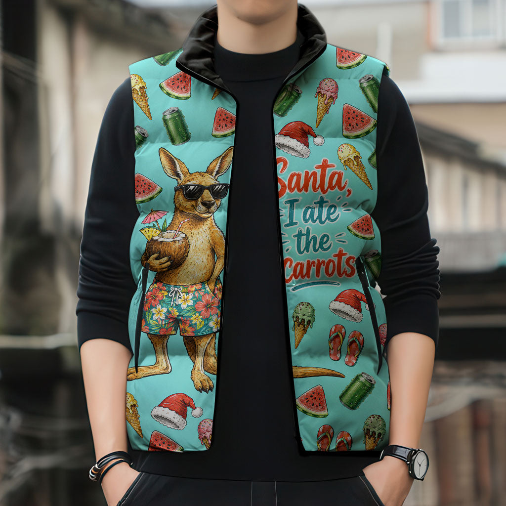 Aussie Christmas Santa Sleeveless Puffer Jacket Retro Cartoon Summer Holiday Beach - I Ate The Carrots Kangaroo