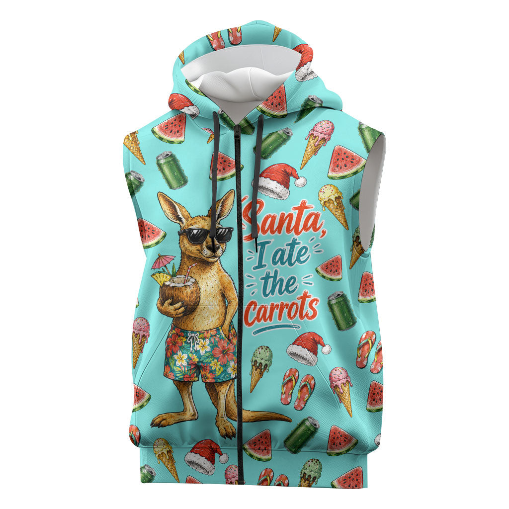 Aussie Christmas Santa Sleeveless Zip Hoodie Retro Cartoon Summer Holiday Beach - I Ate The Carrots Kangaroo