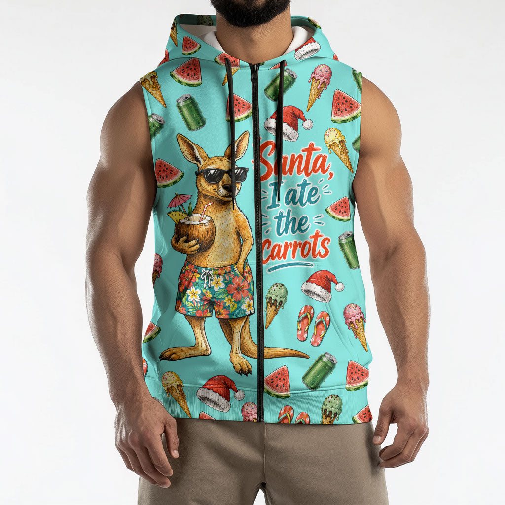 Aussie Christmas Santa Sleeveless Zip Hoodie Retro Cartoon Summer Holiday Beach - I Ate The Carrots Kangaroo