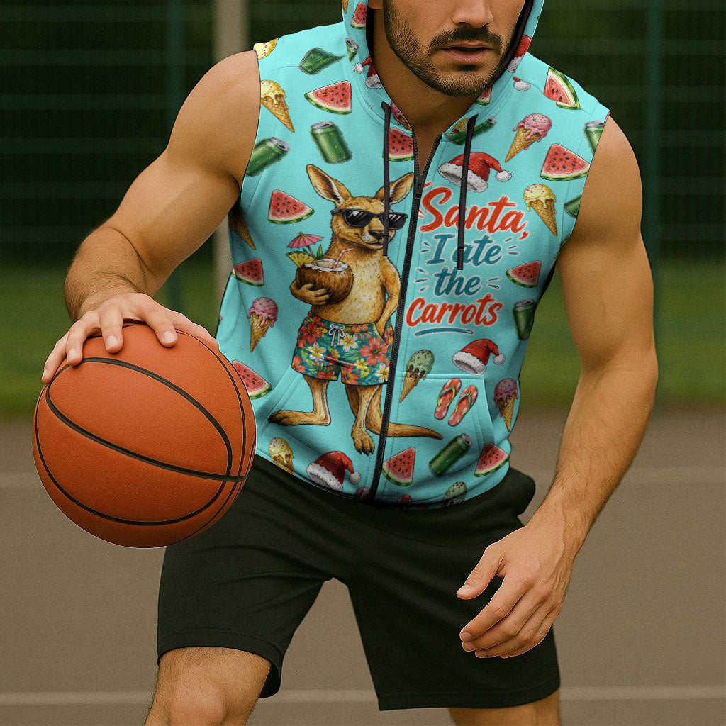 Aussie Christmas Santa Sleeveless Zip Hoodie Retro Cartoon Summer Holiday Beach - I Ate The Carrots Kangaroo