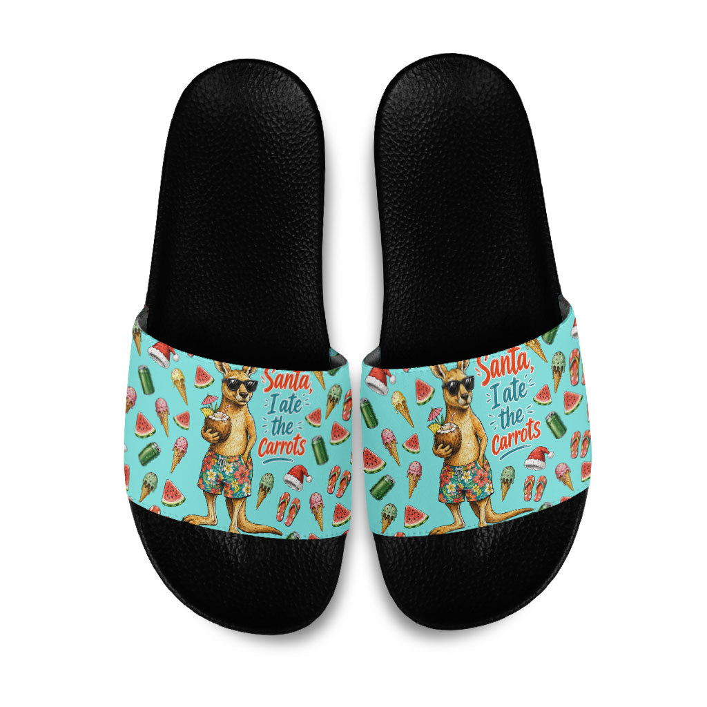 Aussie Christmas Santa Slide Sandals Retro Cartoon Summer Holiday Beach - I Ate The Carrots Kangaroo
