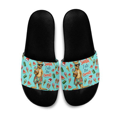 Aussie Christmas Santa Slide Sandals Retro Cartoon Summer Holiday Beach - I Ate The Carrots Kangaroo