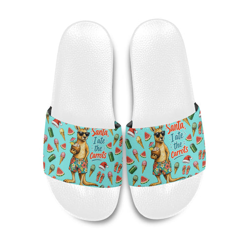 Aussie Christmas Santa Slide Sandals Retro Cartoon Summer Holiday Beach - I Ate The Carrots Kangaroo