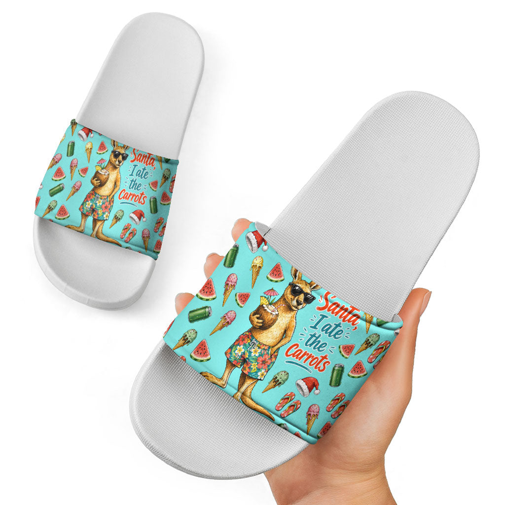 Aussie Christmas Santa Slide Sandals Retro Cartoon Summer Holiday Beach - I Ate The Carrots Kangaroo
