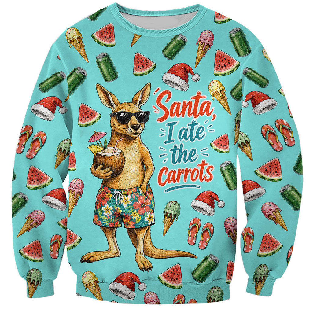 Aussie Christmas Santa Sweatshirt Retro Cartoon Summer Holiday Beach - I Ate The Carrots Kangaroo