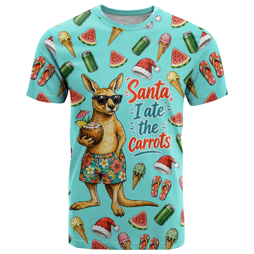 Aussie Christmas Santa T Shirt Retro Cartoon Summer Holiday Beach - I Ate The Carrots Kangaroo
